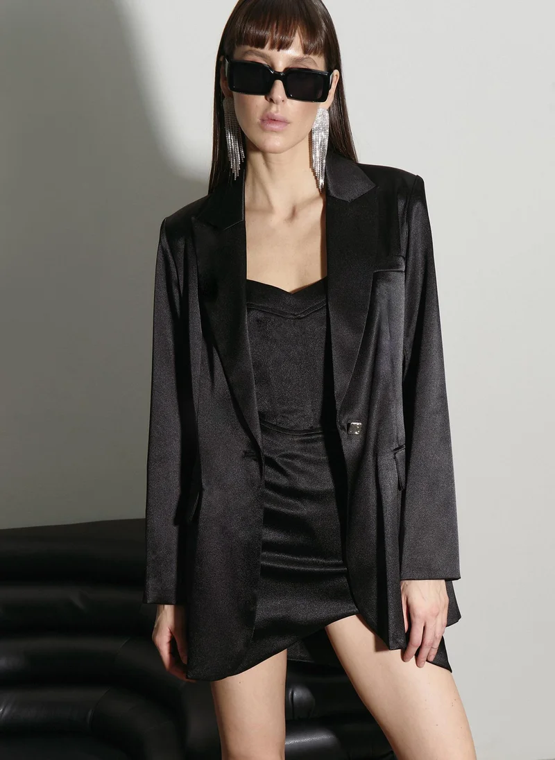 Lichi Rhinestone-button single-breasted satin blazer